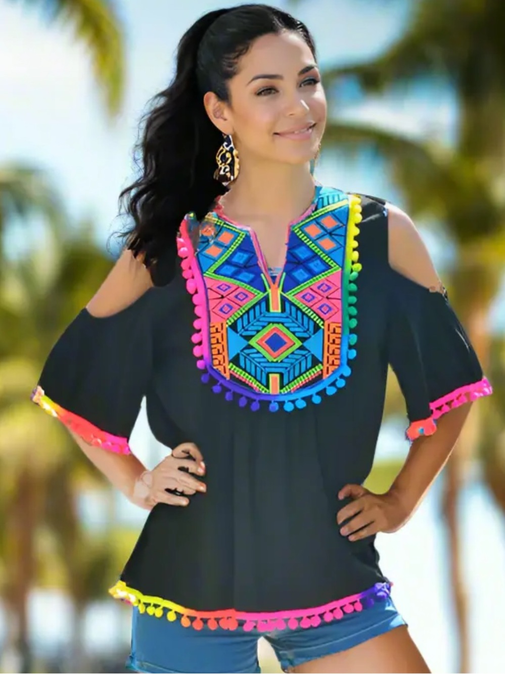 NWT Women’s Black Beachy Top with Rainbow Neon Embroidery & Pom Poms L/XL